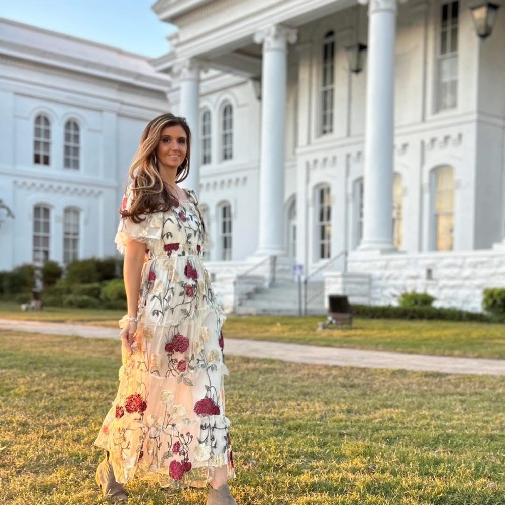 Floral Embroidered Maxi Dress in White with Burgundy Accents - Picture 7 of 9